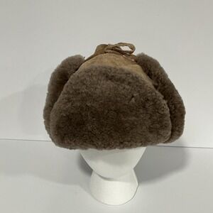 Vintage 1987 Crown Cap Canada Leather Mouton Fur Trapper Hat, Ear Flaps, Medium
